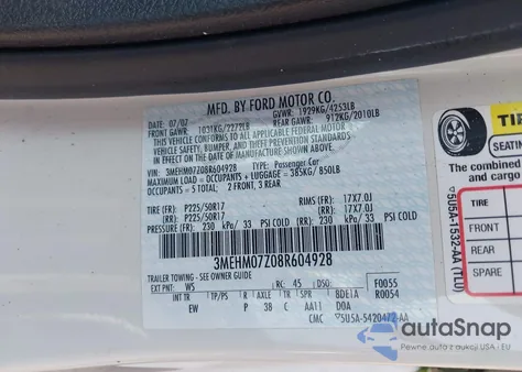 2008 Mercury Milan I4 из США, поврежденный, VIN 3MEHM07Z08R604928